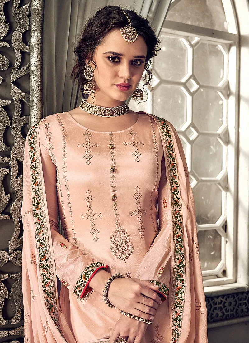 Peach Embroidered Designer Palazzo Suit