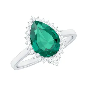 Pear Cut Created Emerald Halo Cocktail Ring with Diamond