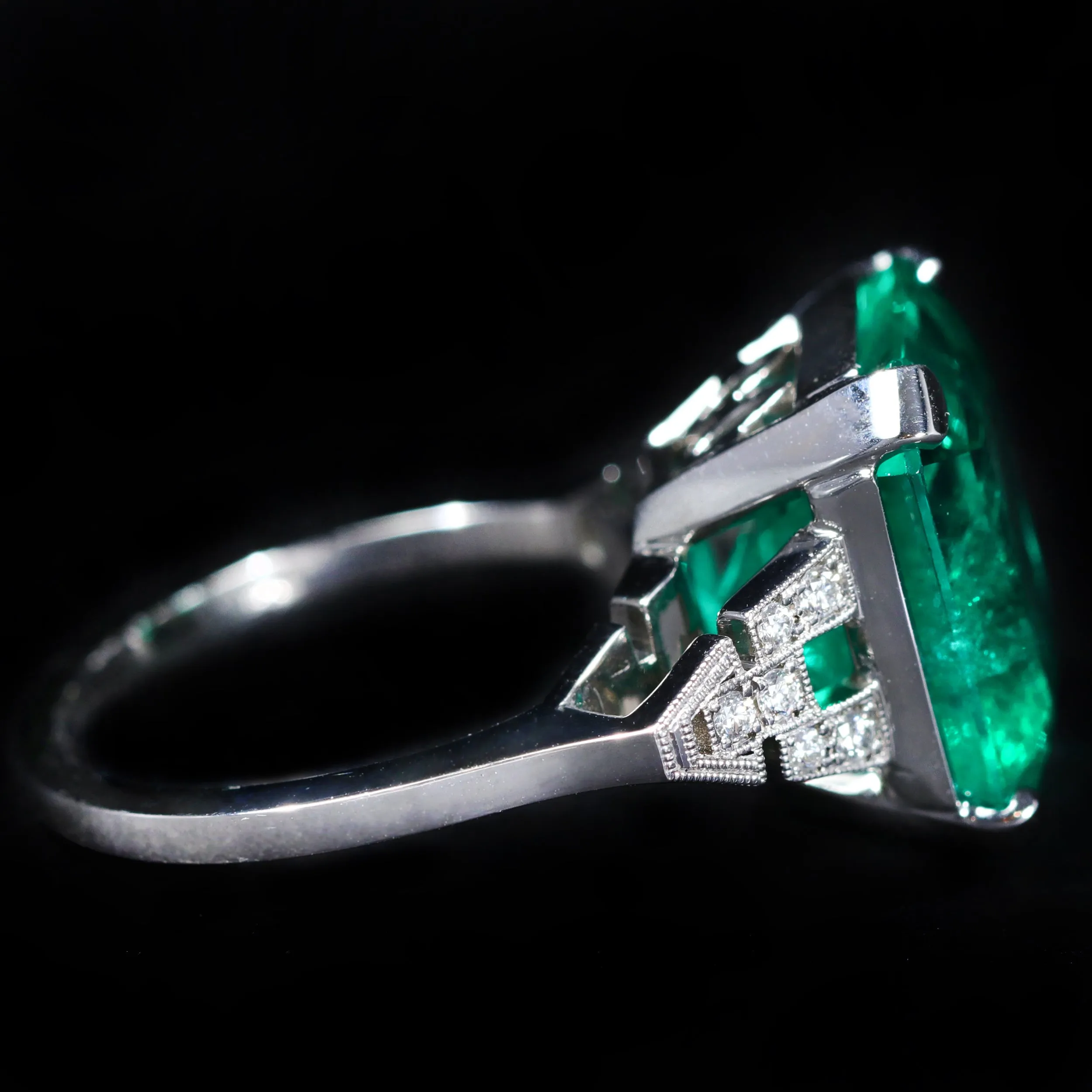 Platinum AGL 9.38 Carat Emerald and Diamond Ring