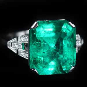 Platinum AGL 9.38 Carat Emerald and Diamond Ring