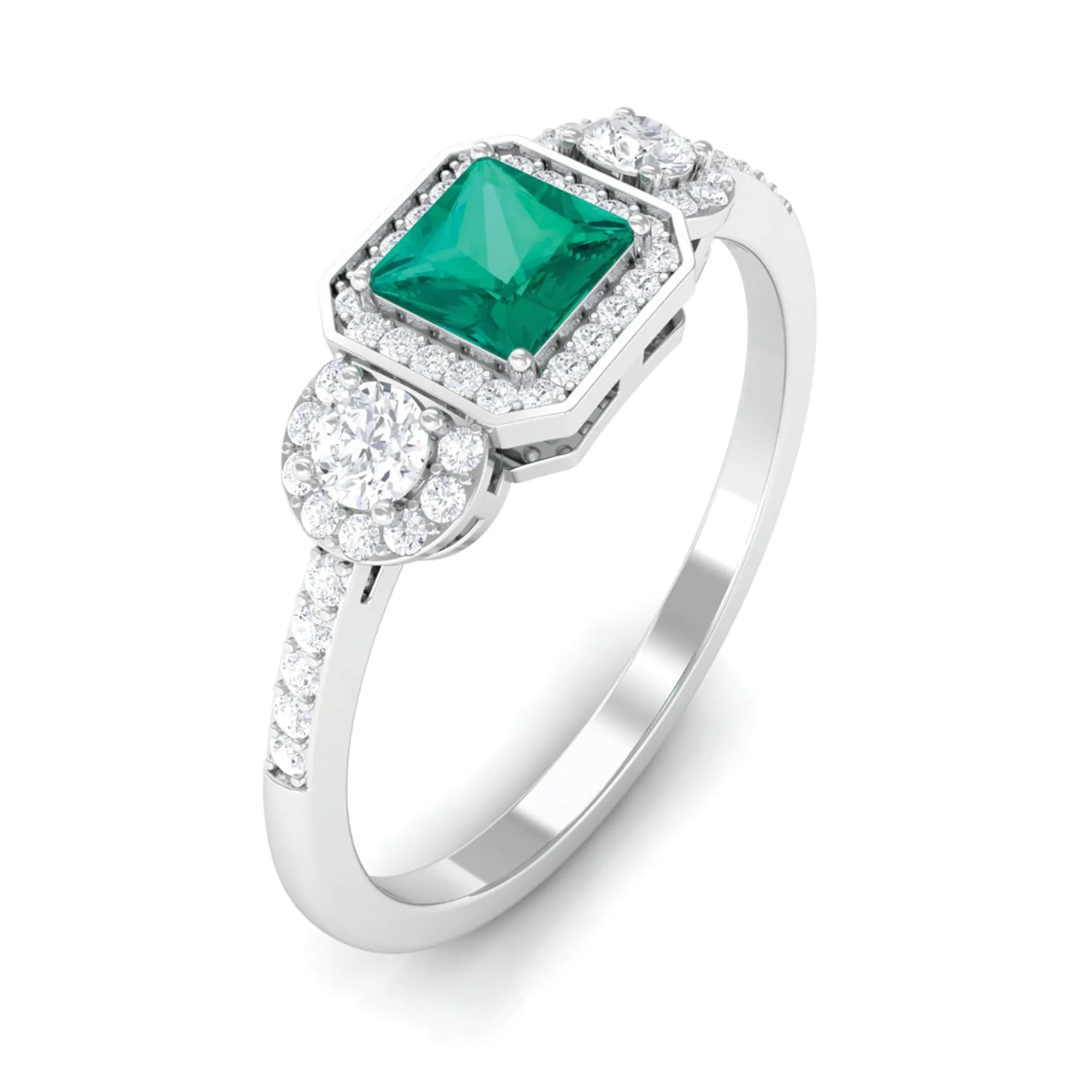 Princess Cut Emerald Halo Engagement Ring with Diamond