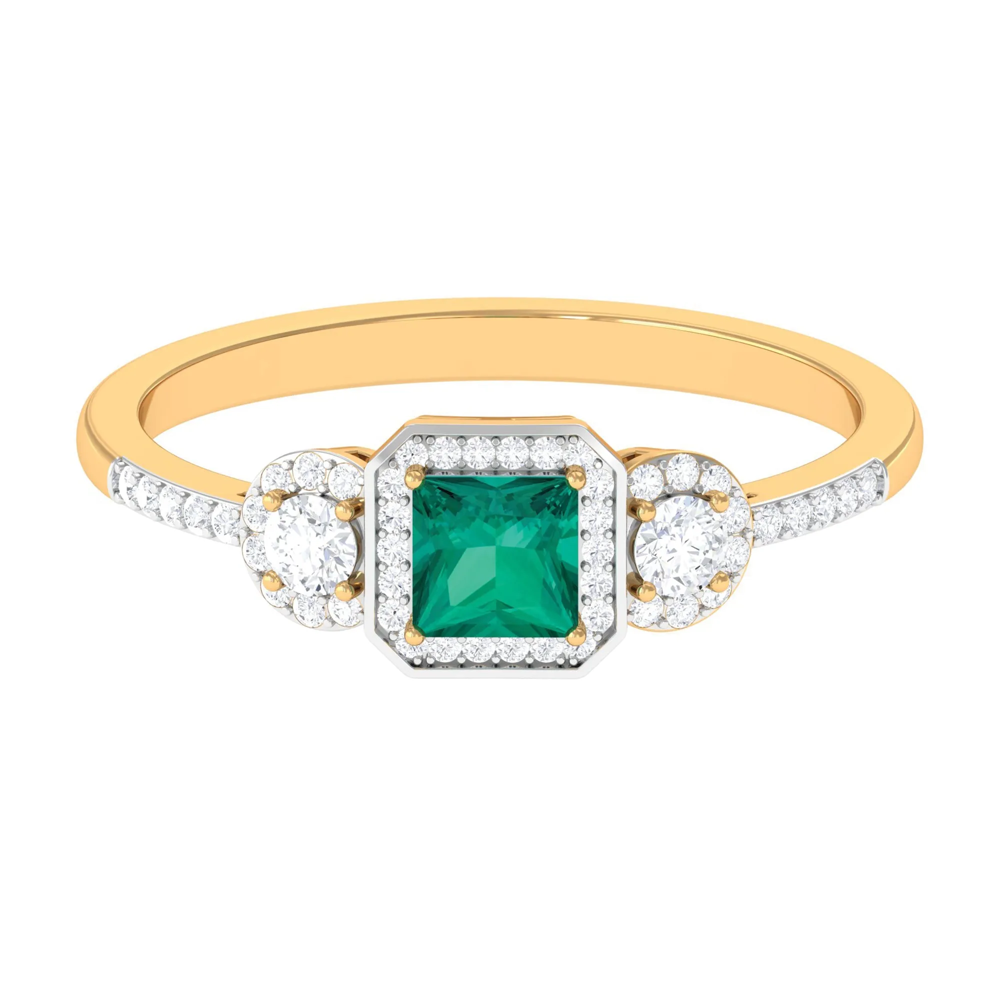 Princess Cut Emerald Halo Engagement Ring with Diamond