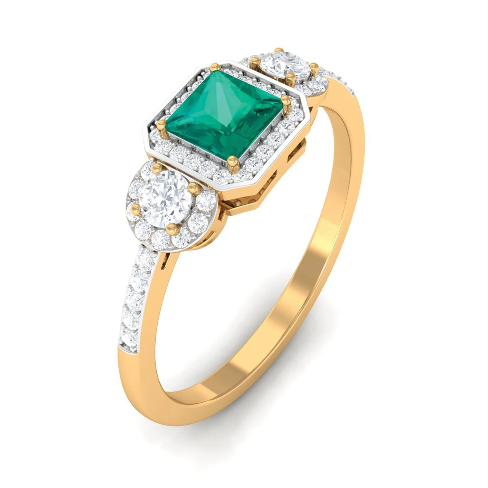 Princess Cut Emerald Halo Engagement Ring with Diamond