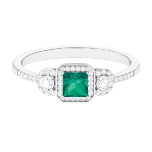 Princess Cut Emerald Halo Engagement Ring with Diamond