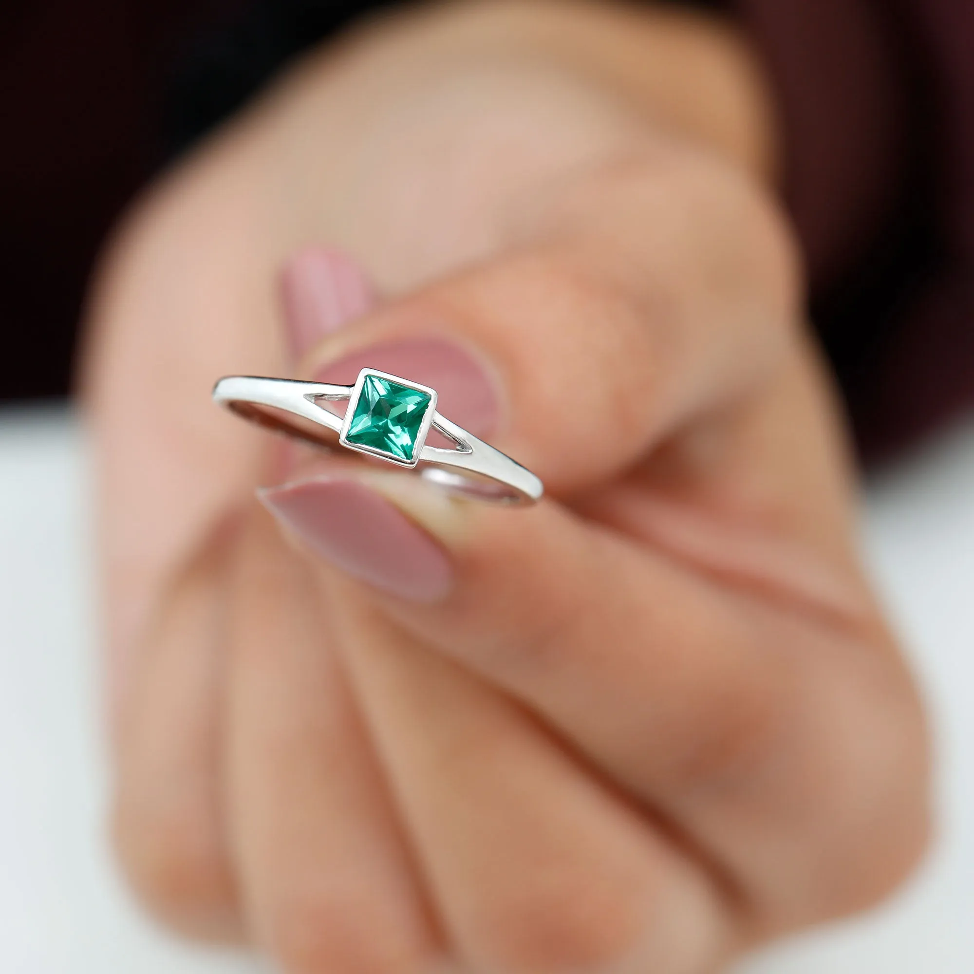 Princess Cut Lab Grown Emerald Solitaire Ring with Split Shank