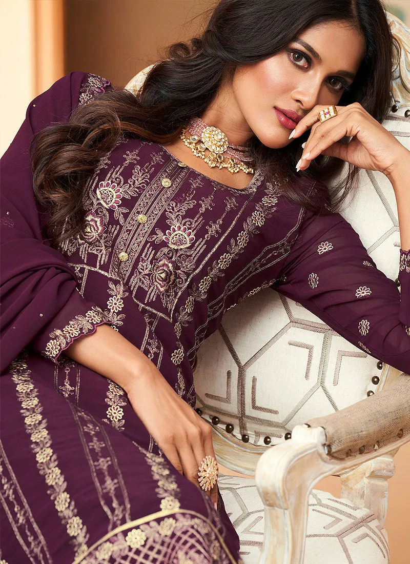 Purple Embroidered Pakistani Pant Suit