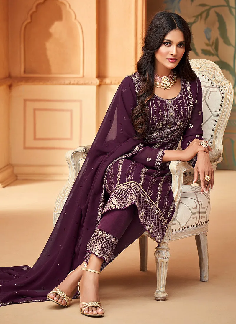 Purple Embroidered Pakistani Pant Suit