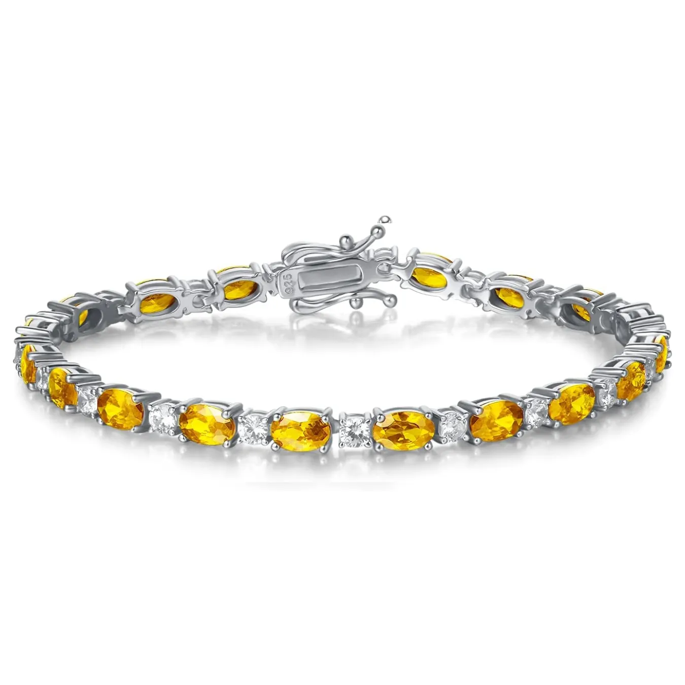 "Glamour Radiance" November Birthstone Fancy Cut Tennis Yellow Citrine Sterling Silver Bracelet