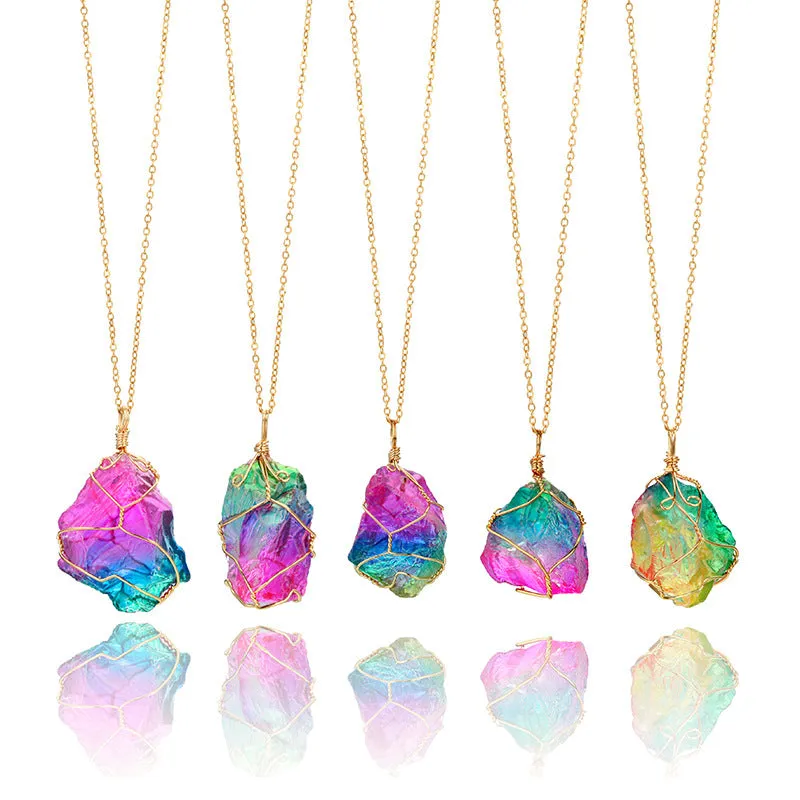 Rainbow Natural Stone Pendant Necklace Fashion Crystal Chakra Rock Necklace Gold Color Chain Quartz Long Necklace For Women Gift