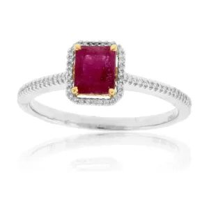 Red Beryl Emerald & Round Diamond Halo Platinum Ring