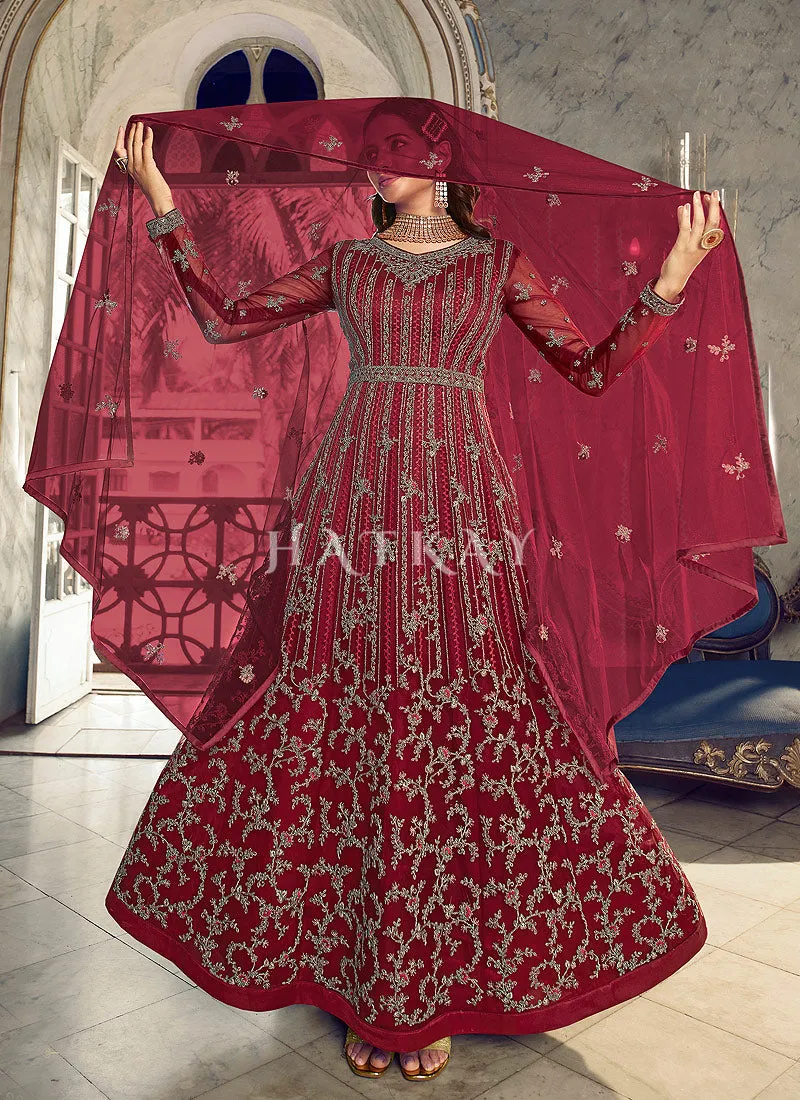 Red Embroidered Traditional Net Anarkali Suit