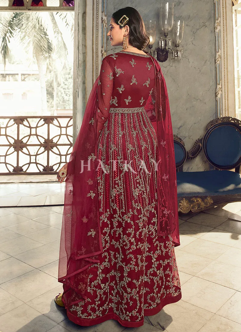 Red Embroidered Traditional Net Anarkali Suit