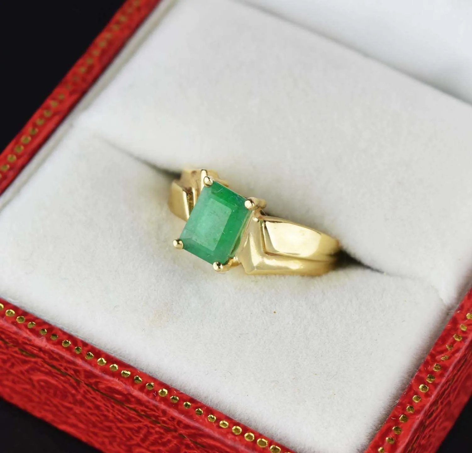 Retro 14K Gold Vintage Emerald Ring, Art Deco Style