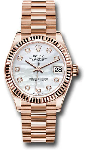 Rolex Everose Gold Datejust 31 Watch - Fluted Bezel - Silver Diamond Dial - President Bracelet 278275 mdp