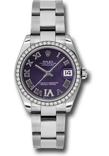 Rolex Steel and White Gold Datejust 31 Watch - 46 Diamond Bezel - Purple Diamond Roman Vi Roman Dial - Oyster Bracelet - 178384 pdro