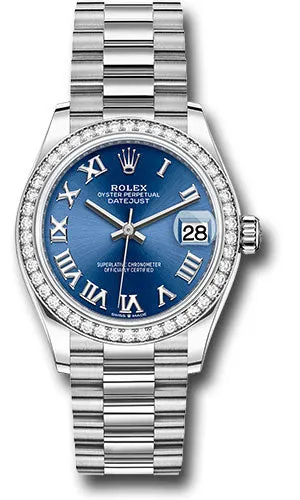 Rolex White Gold Datejust 31 Watch - Diamond Bezel - Bright Blue Roman Dial - President Bracelet 278289rbr blrp