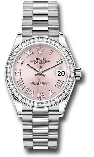 Rolex White Gold Datejust 31 Watch - Diamond Bezel - Pink Roman Dial - President Bracelet 278289rbr prp