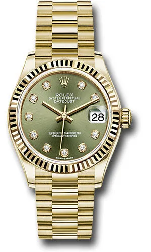 Rolex Yellow Gold Datejust 31 Watch - Fluted Bezel - Olive Green Diamond Dial - President Bracelet 278278 ogdp