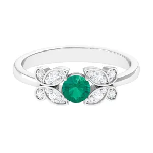 Round Emerald Butterfly Engagement Ring with Diamond