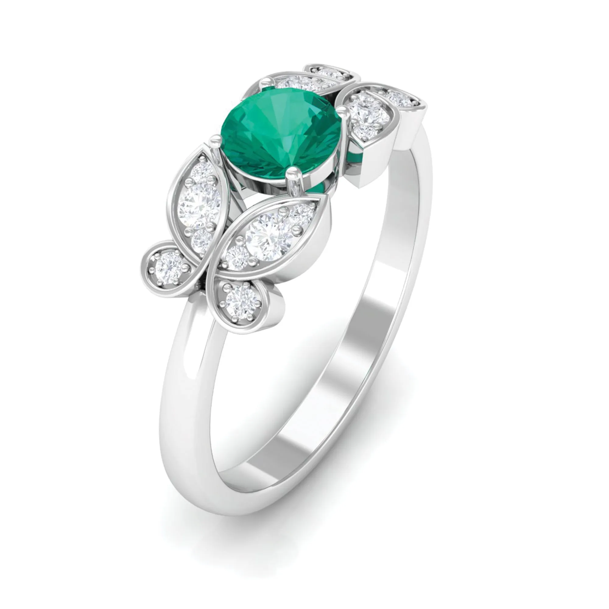 Round Emerald Butterfly Engagement Ring with Diamond