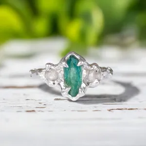 Silver Emerald and diamond engagement ring