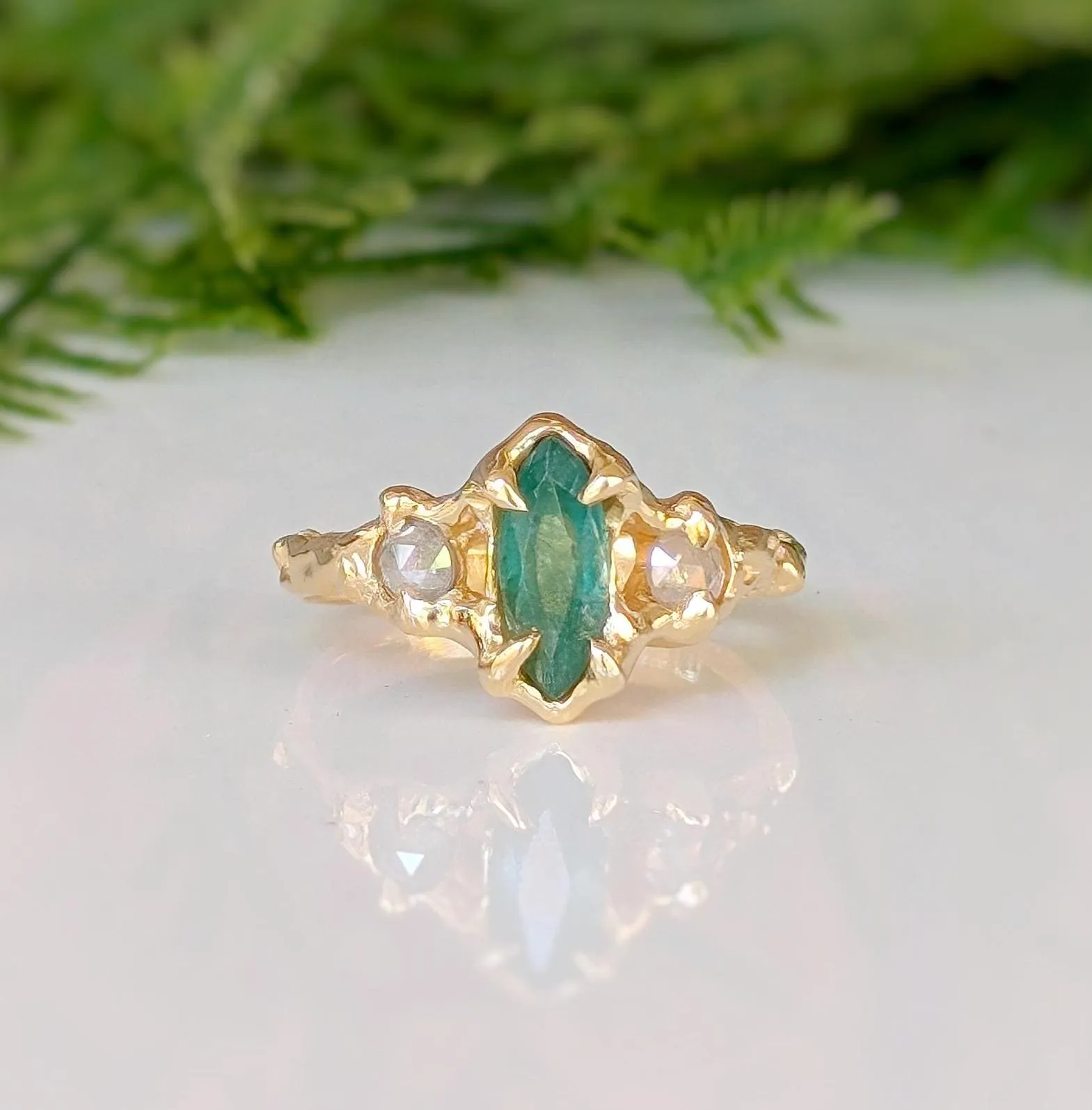 Silver Emerald and diamond engagement ring