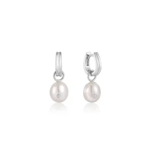 Silver Pearl Drop Sparkle Huggie Hoop Earrings 