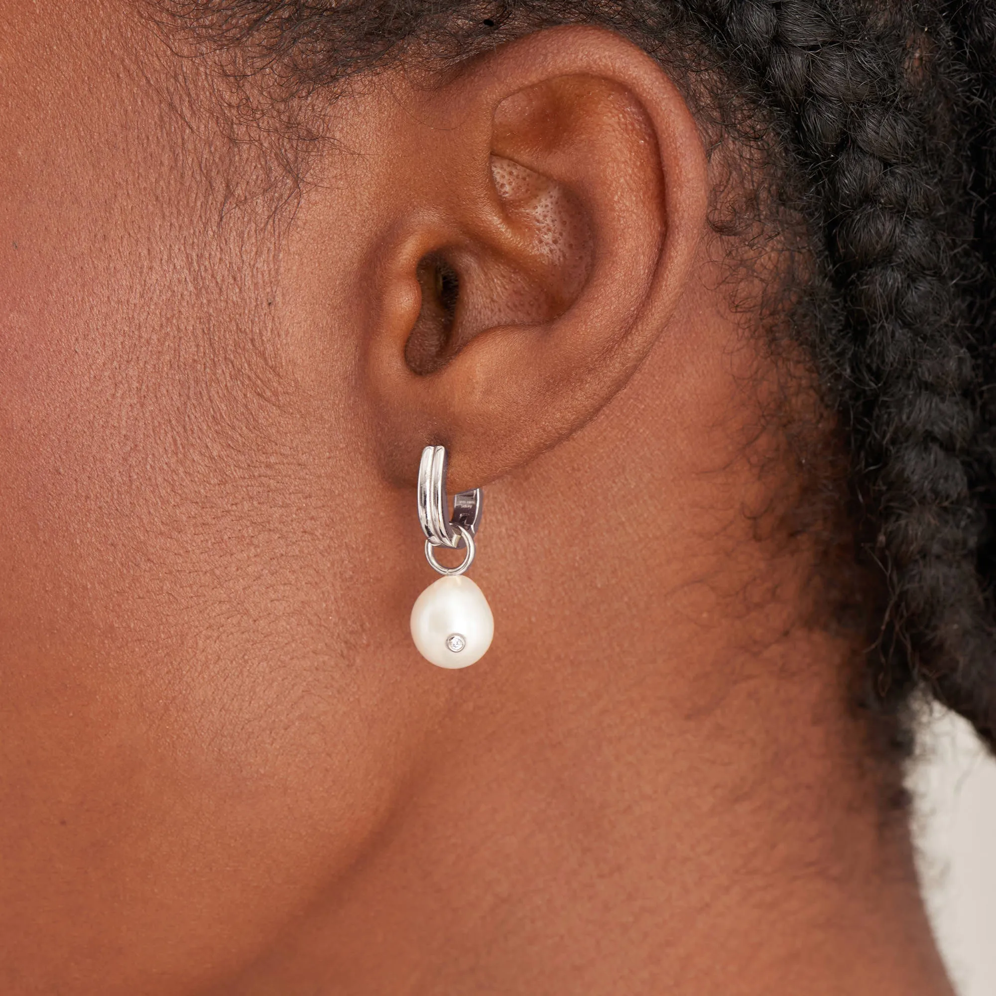 Silver Pearl Drop Sparkle Huggie Hoop Earrings 