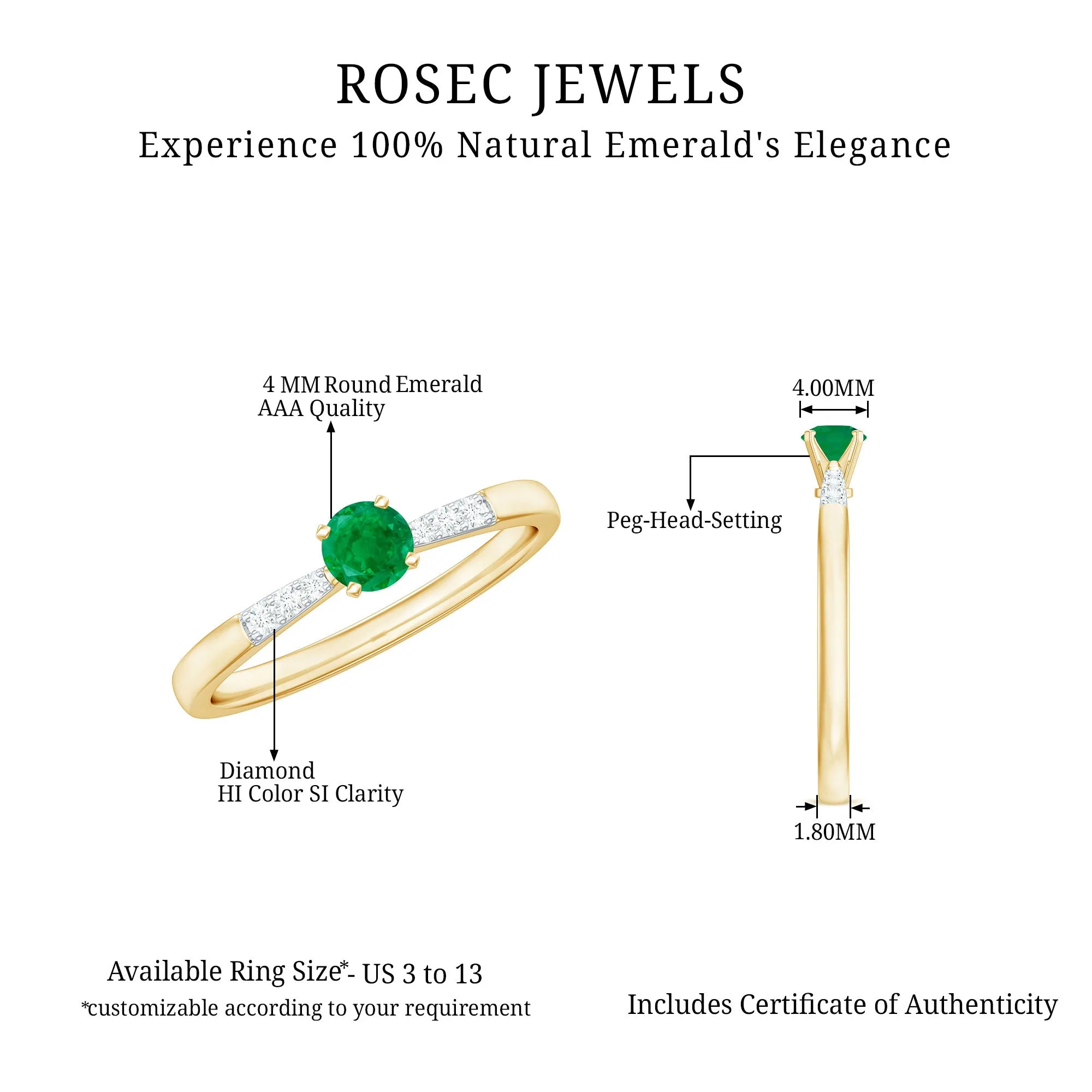 Simple Emerald Solitaire Ring with Diamond Side Stones