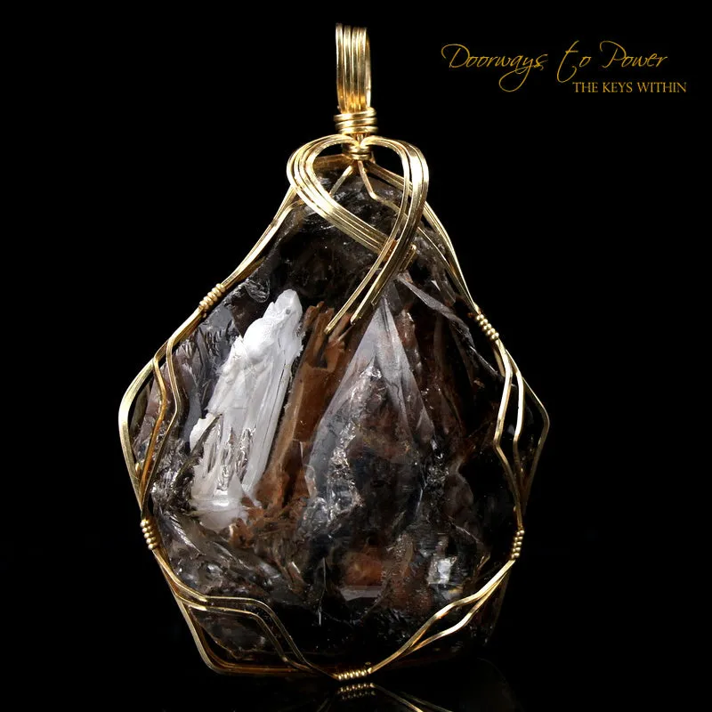 Smoky Elestial Quartz Crystal Pendant 'Angel Within' 14k