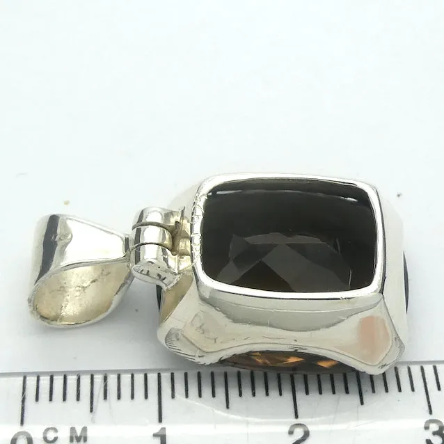 Smoky Quartz Pendant, Faceted Square, 925 Sterling Silver