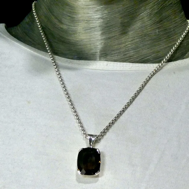 Smoky Quartz Pendant, Faceted Square, 925 Sterling Silver