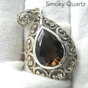 Smoky Quartz Pendant, Faceted Teardrop, 925 Sterling Silver