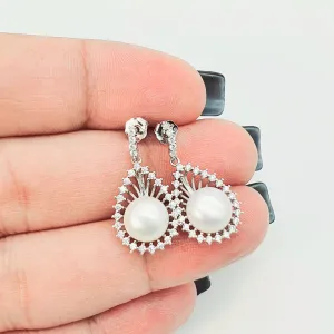 Sparkling Teardrop Halo Freshwater Pearl Stud Earrings, Sterling Silver