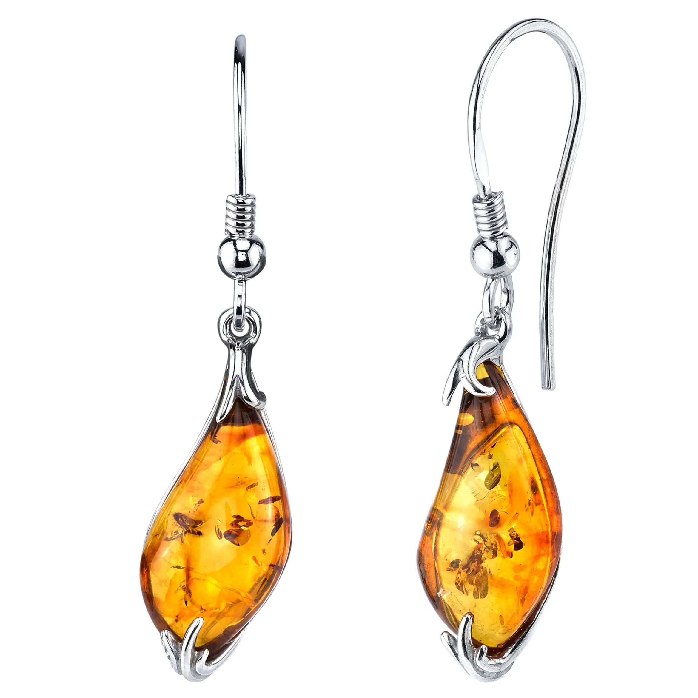 Sterling Silver Baltic Amber Drop Dangle Tear Drop Shape Earrings Cognac 1.50"