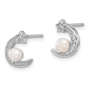 Sterling Silver CZ and Freshwater Pearl Moon and Star Post Earrings