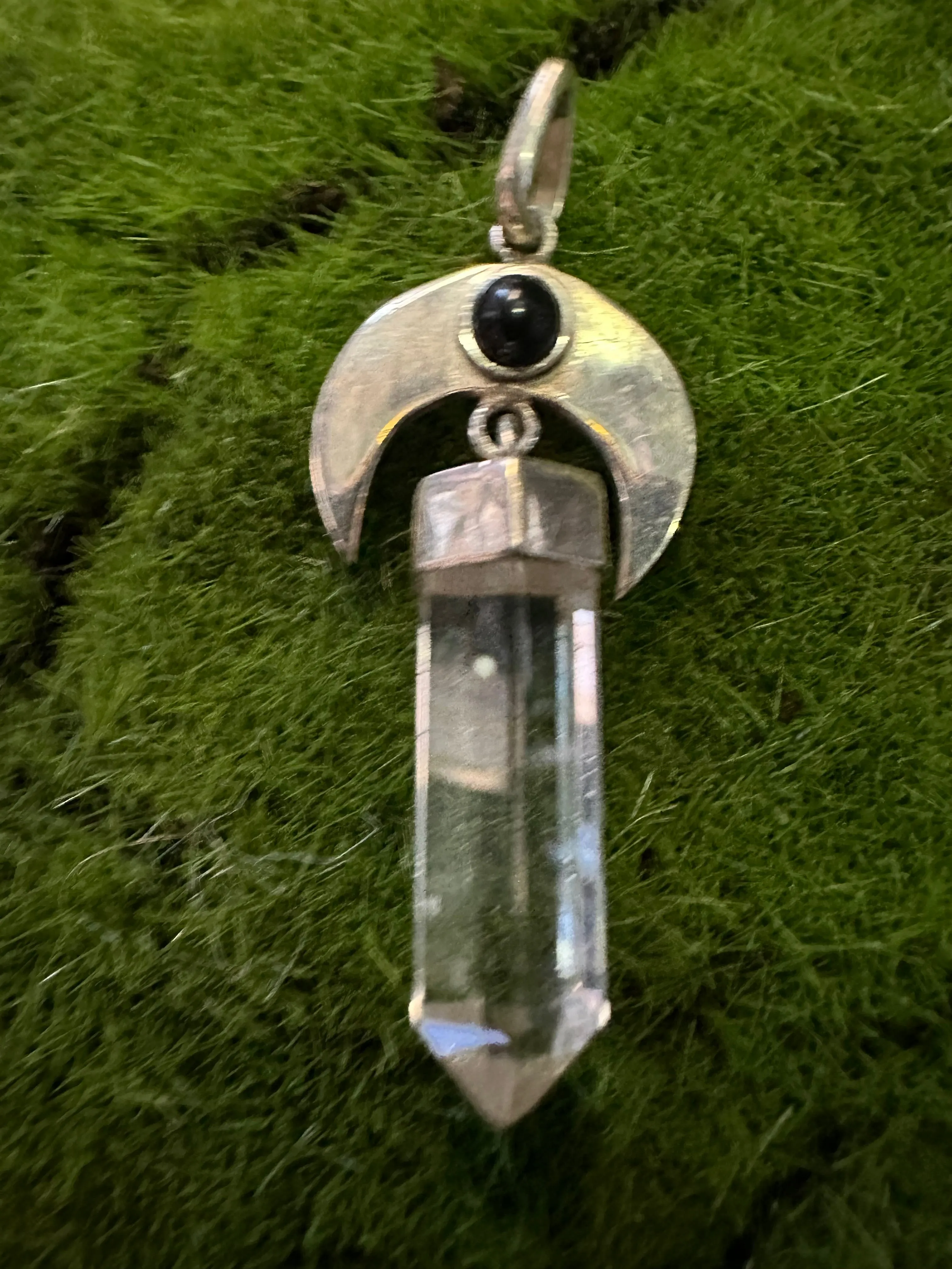 Sterling Silver Moon With Obsiden And Clear Quartz Pendant