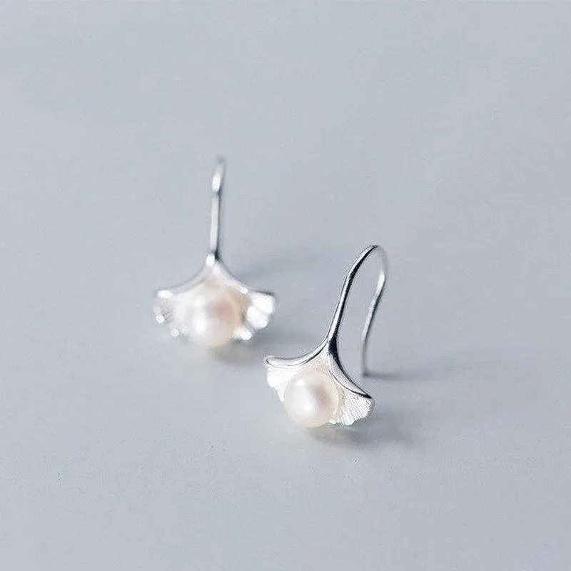 Textured Leaf Pearl Earrings