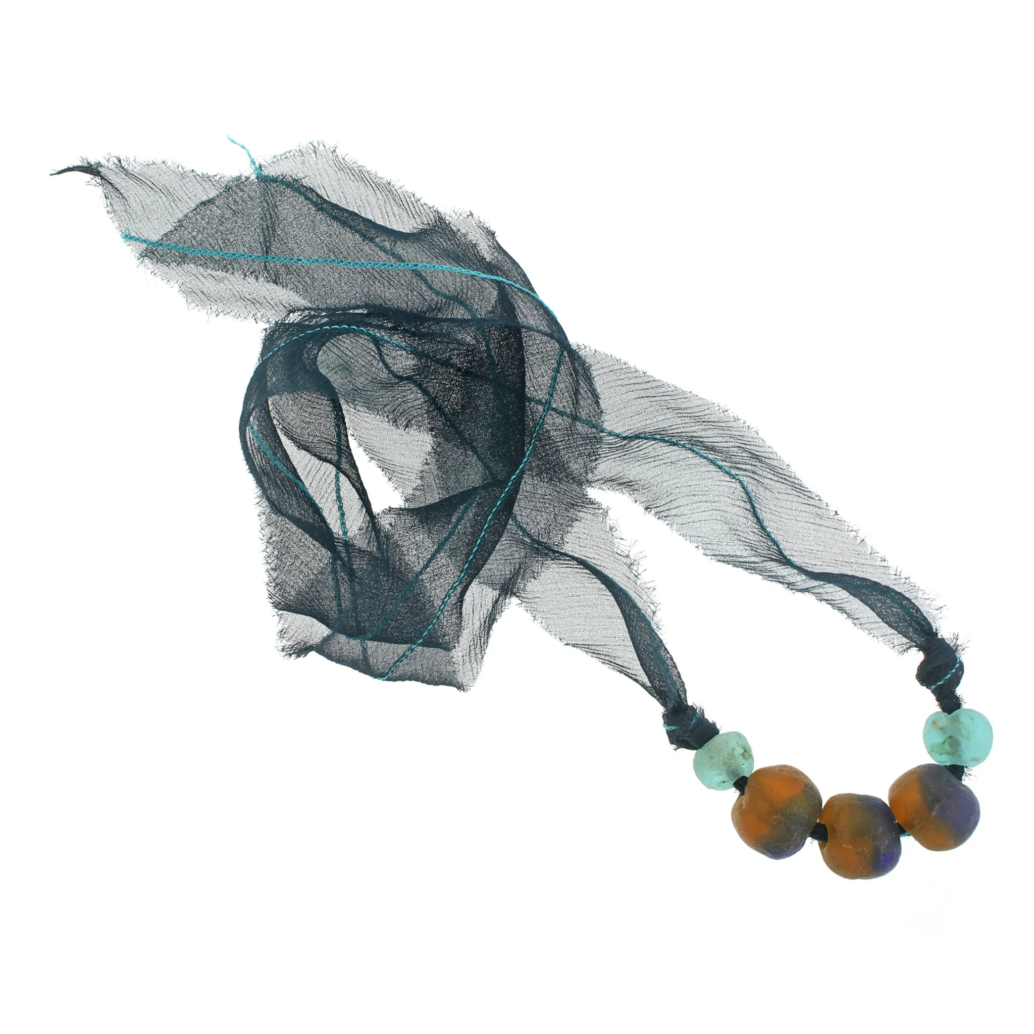 The African Glass Beads with Peacock Silk Chiffon Tie Necklace