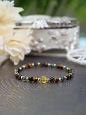 Tiger's Eye Emerald Citrine 4mm Beaded Natural Gemstone Sterling Silver/14ct Gold Filled Elastic Bracelet, Genuine Top Grade Gift Jewelry, Women Vintage Fashion Jewellery