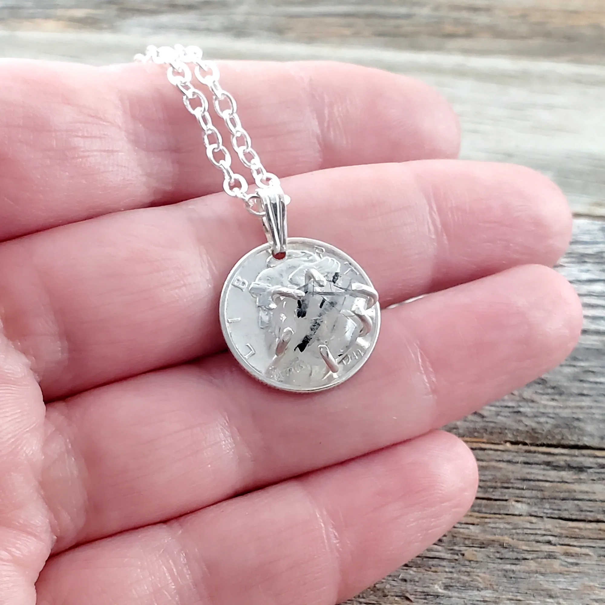 Tourmalinated Quartz Mercury Dime Necklace