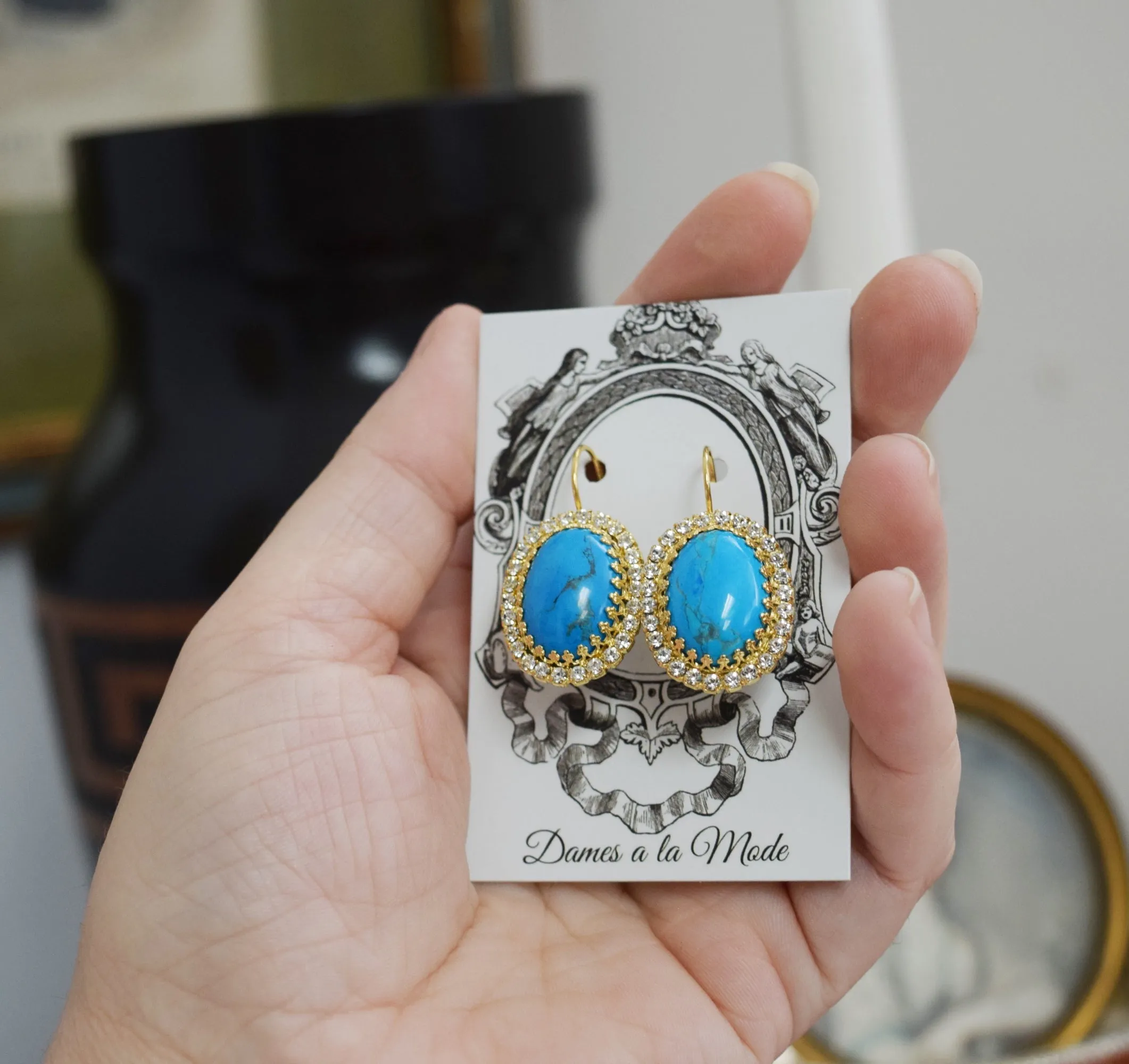 Turquoise Crown & Halo Earrings - Large Oval