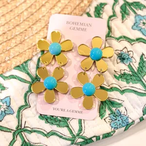 Turquoise  Golden Double Daisy Earrings