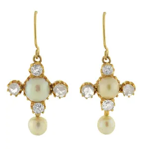 Victorian 14kt Rose & Mine Cut Diamond & Pearl Earrings