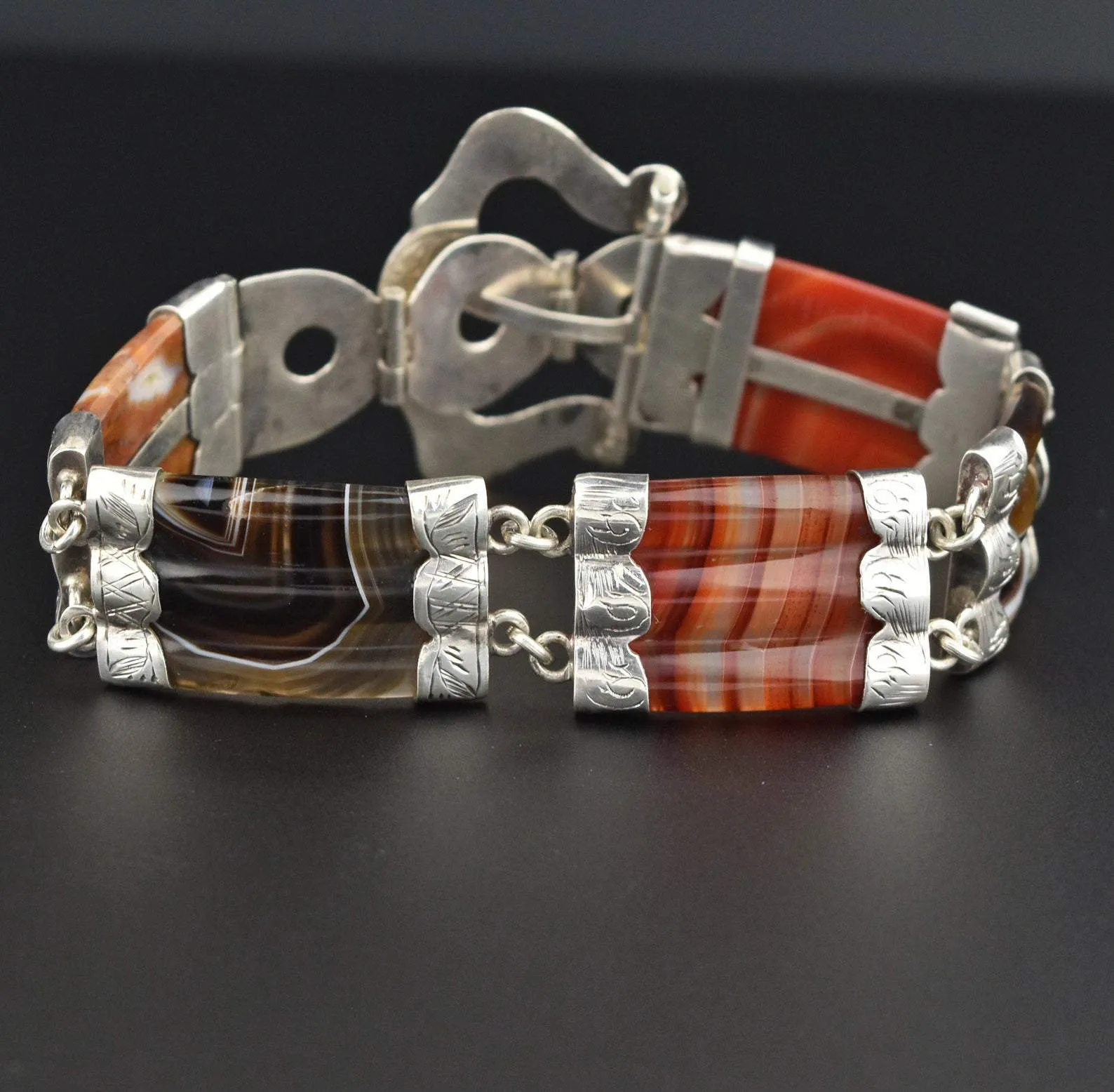 Victorian Sterling Silver Scottish Agate Buckle Bracelet