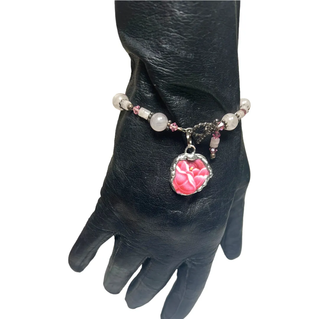 Vintage Pink Quartz Bracelet with Broken Porcelain Rose Charm & Boho Metalwork