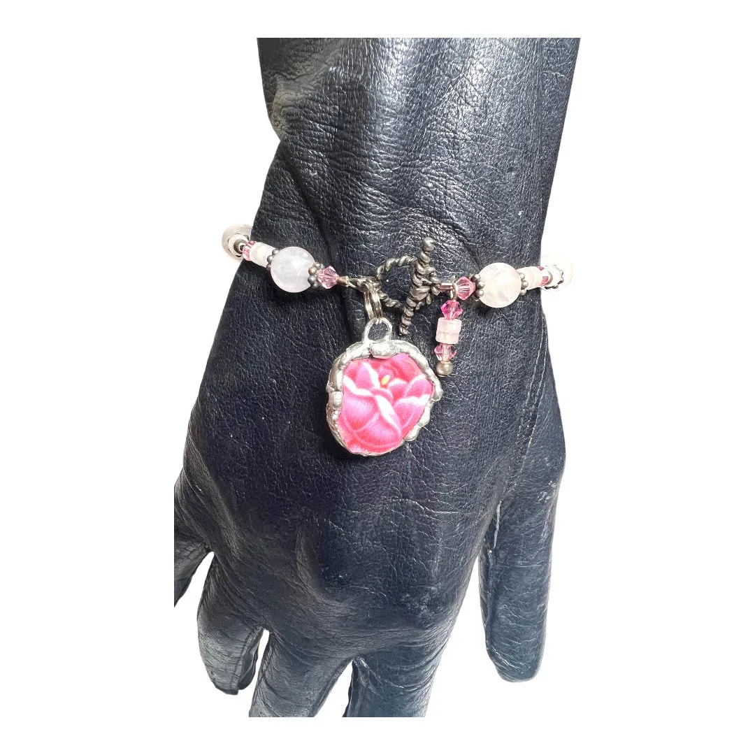 Vintage Pink Quartz Bracelet with Broken Porcelain Rose Charm & Boho Metalwork