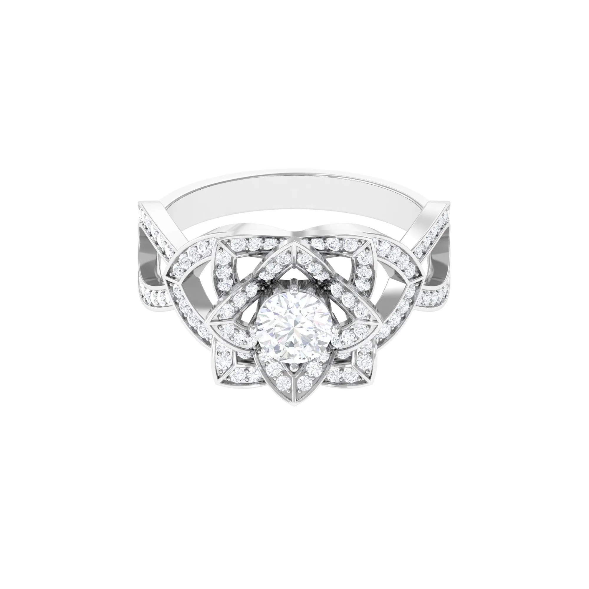 Vintage Style Zircon Floral Engagement Ring with Split Shank