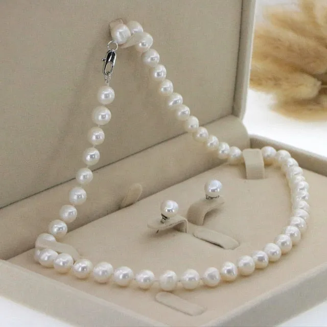 White Akoya Pearl Necklace Earrings Jewelry Sets for Women-Bridal Jewelry Gift