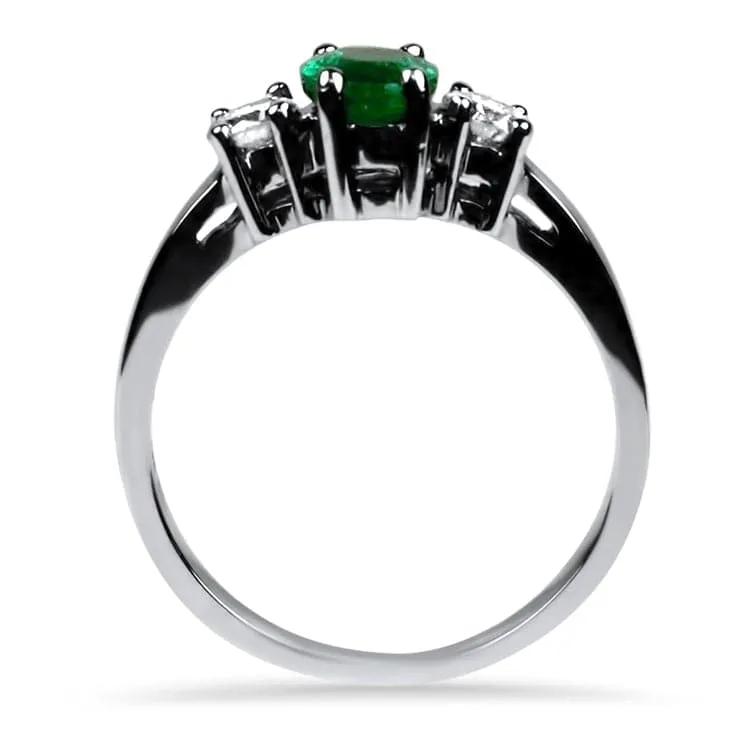 White Gold Oval Emerald and Diamond Three Stone Ring